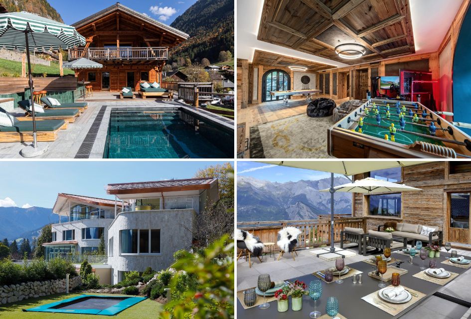 Four picture collage of Chalet Doyen's exterior (top left), the games room of Chalet La Fenice (top right), The exterior, garden, and trampoline of Chalet Julisam (bottom left), and the alfresco dining terrace of Chalet V (bottom right).