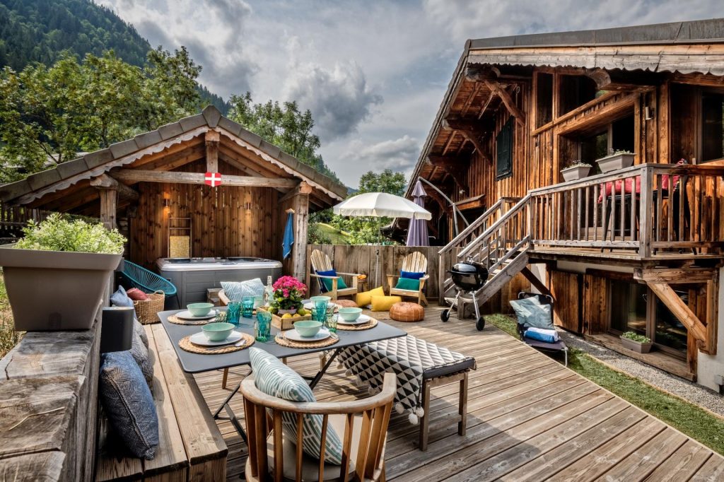 The terrace at Chalet Vesper, perfect for outdoor living on a self catered summer  chalet holiday in the French Alps