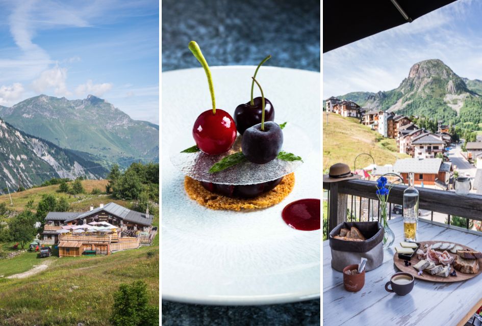 Collage of three foodie destinations in St Martin de Belleville in summer. Left: restaurant La Loy, in the mountains. Centre: Cherry based dish at La Bouttie. Right: Meats and cheeses with a mountain view at Restaurant Le Montagnard.