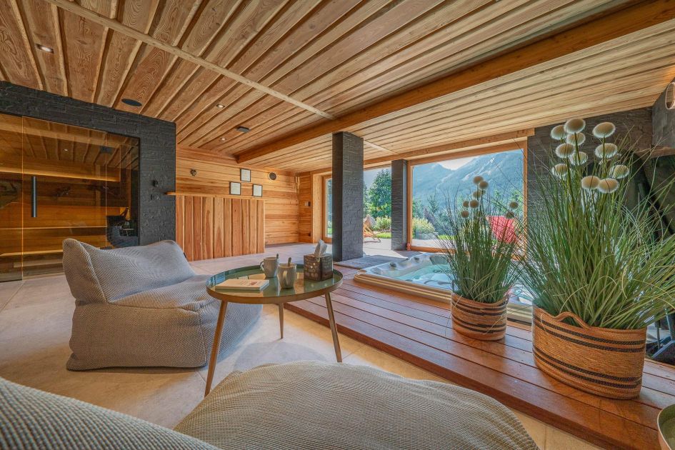 Chalet Le Tabuc's spa area, including the luxurious sauna and indoor hot tub. One of the best self catered summer chalets in the French Alps.